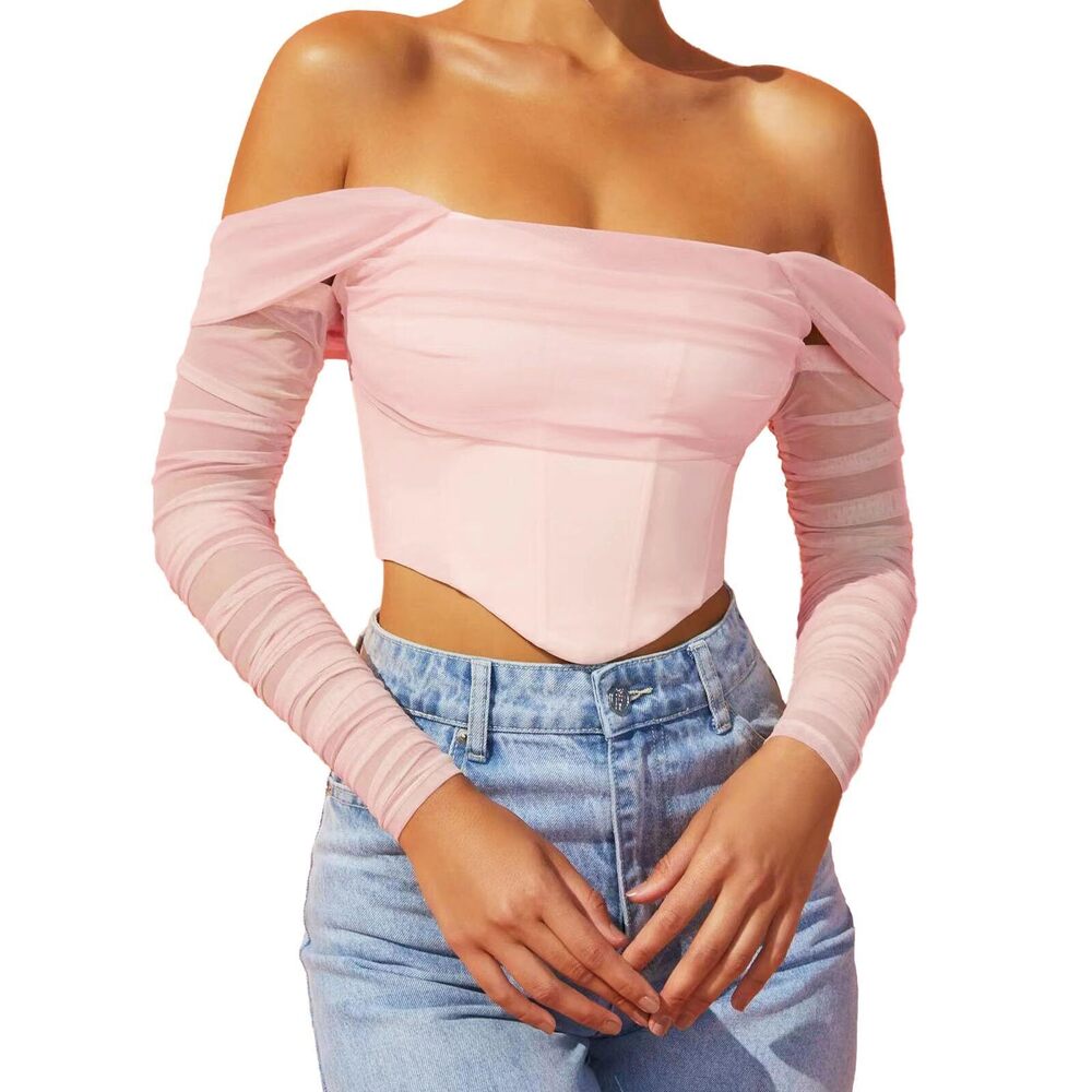 3603 Corset Top Sexy Strapless Long Sleeve Mesh Boned Bustier Party Going